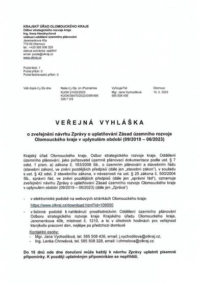 Veřejná vyhláška o zveřejnění návrhu Zprávy o uplatňování Zásad územního rozvoje Olomouckého kraje v uplynulém období_0001.jpg